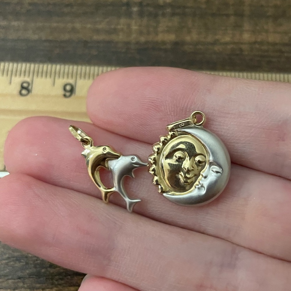14k solid gold two tone reversible puffy dolphins pendants 3d brushed polished - Picture 5 of 10
